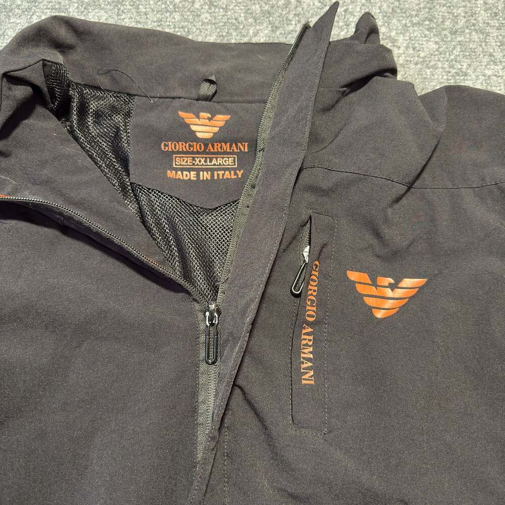 Giorgio Armani Men's Black Full-Zip Lightweight Jacket with Orange Logo Detail